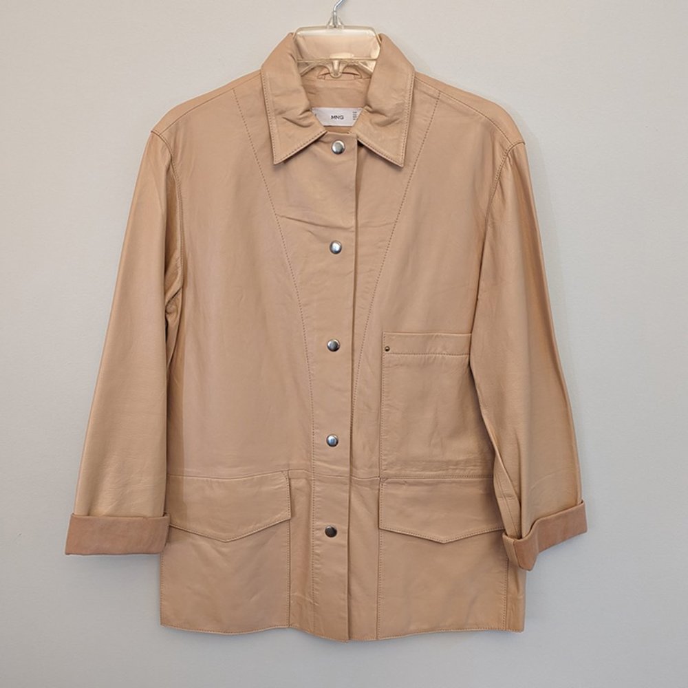 100% Leather Shirt Jacket, Mango, Blush Pink, Size XS, Excellent Used Condition